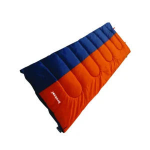 bolsa de dormir color azul y naranja